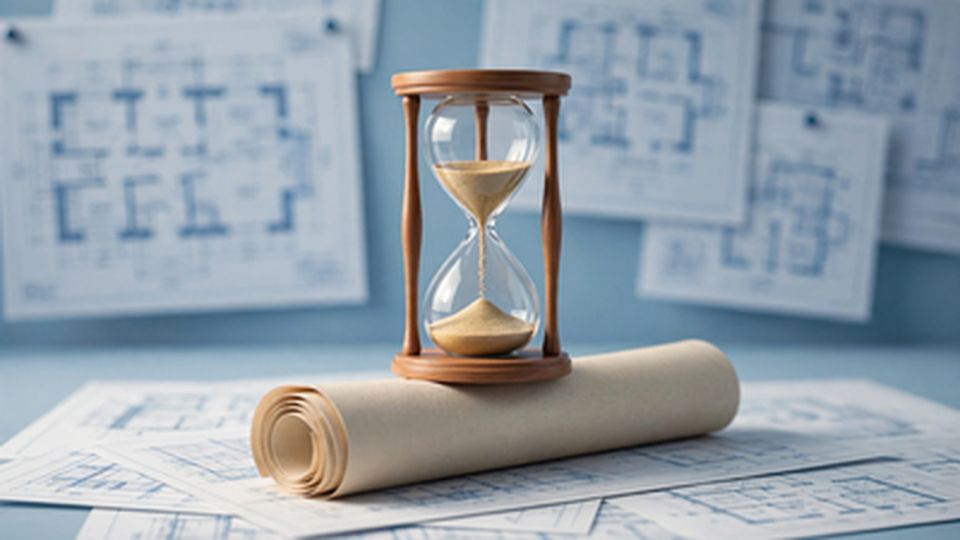 Hourglass resting on rolled architectural blueprints