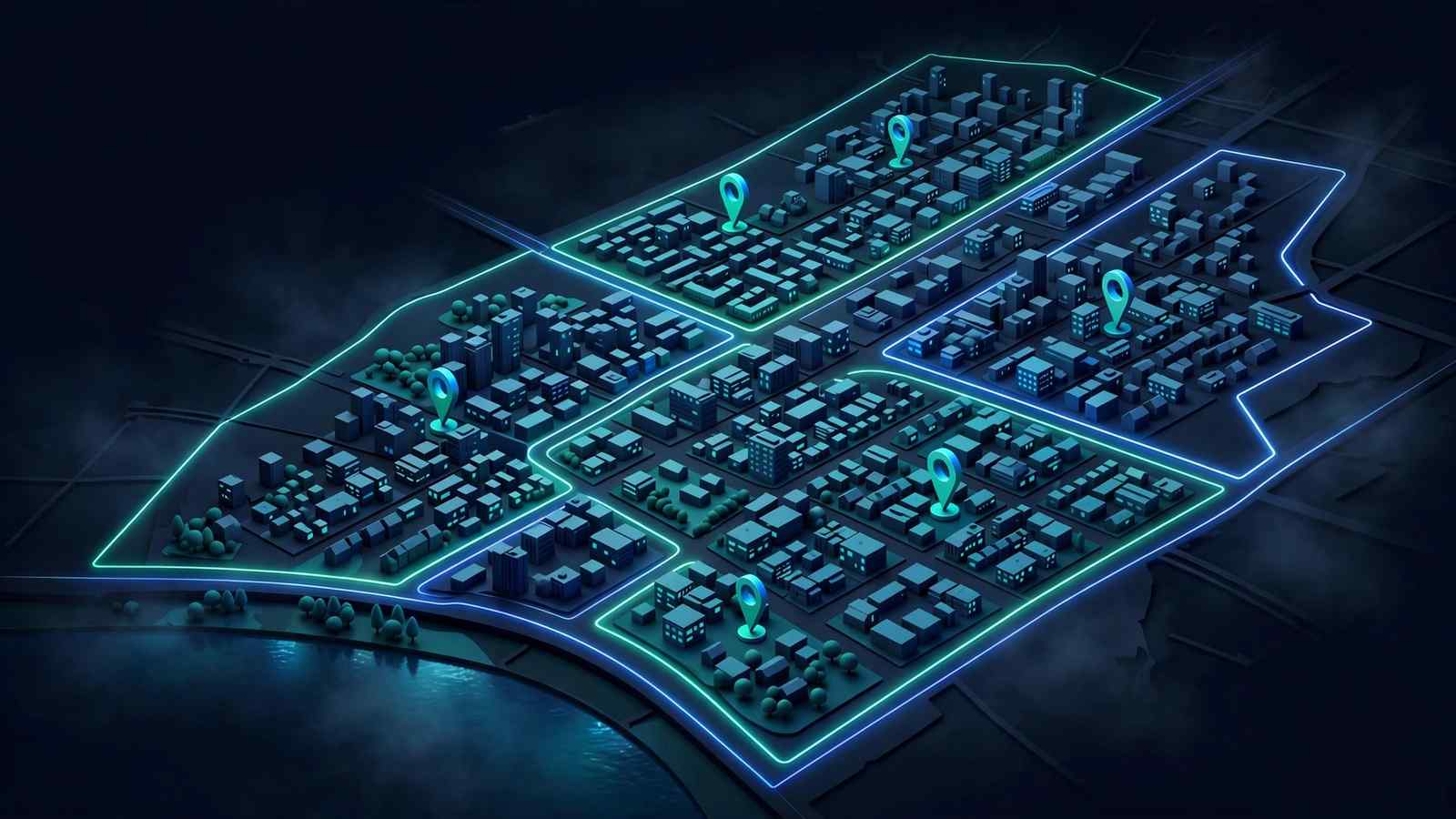 Map showing multiple AHJ jurisdictions with boundary markers for contractors